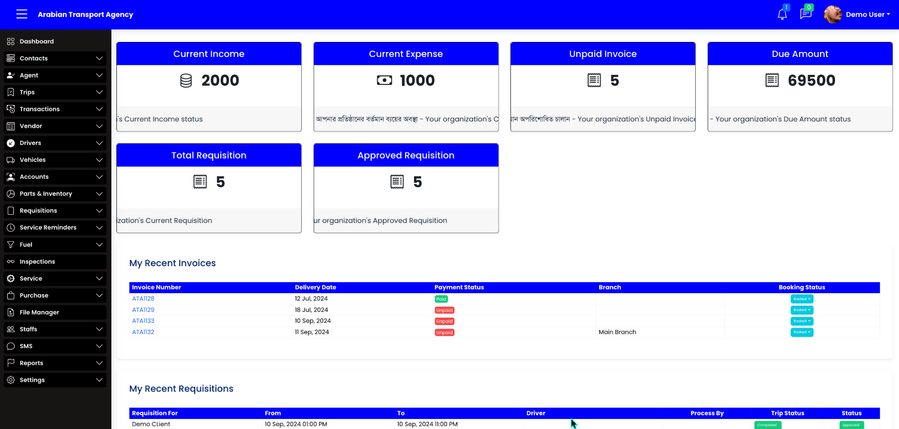 VMS-BD dashboard showing summary cards for current income, current expense, unpaid invoices, due amount and requisitions, above a recent invoices table.
