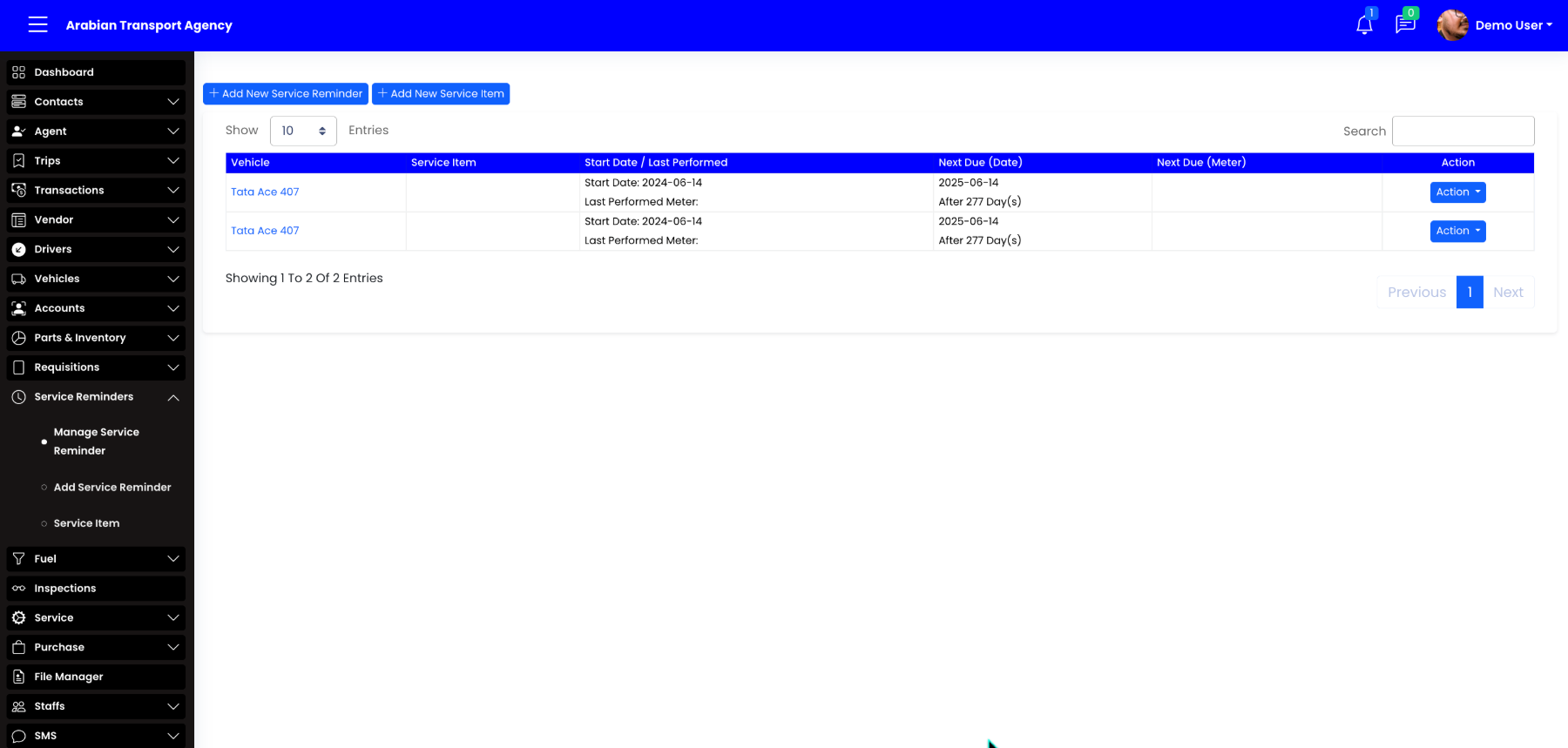 Manage Service Reminder table showing next due dates and days remaining.